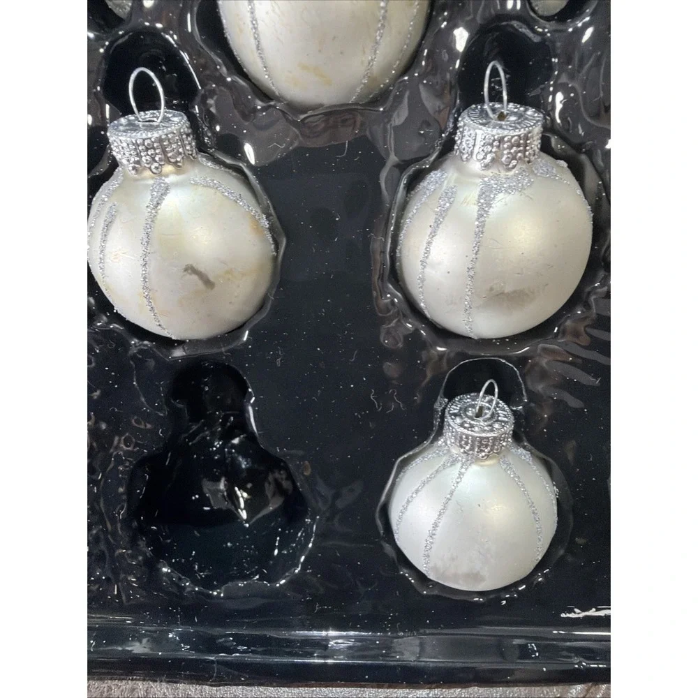 Yule Glass Christmas Ornaments White Silver Glitter In Box Set of 19 Assorted